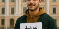 طالب مصري يقف أمام جامعة روسية تقليدية، يحمل حقيبة وملف تقديم – تعبير بصري عن شروط الدراسة في روسيا للمصريين.