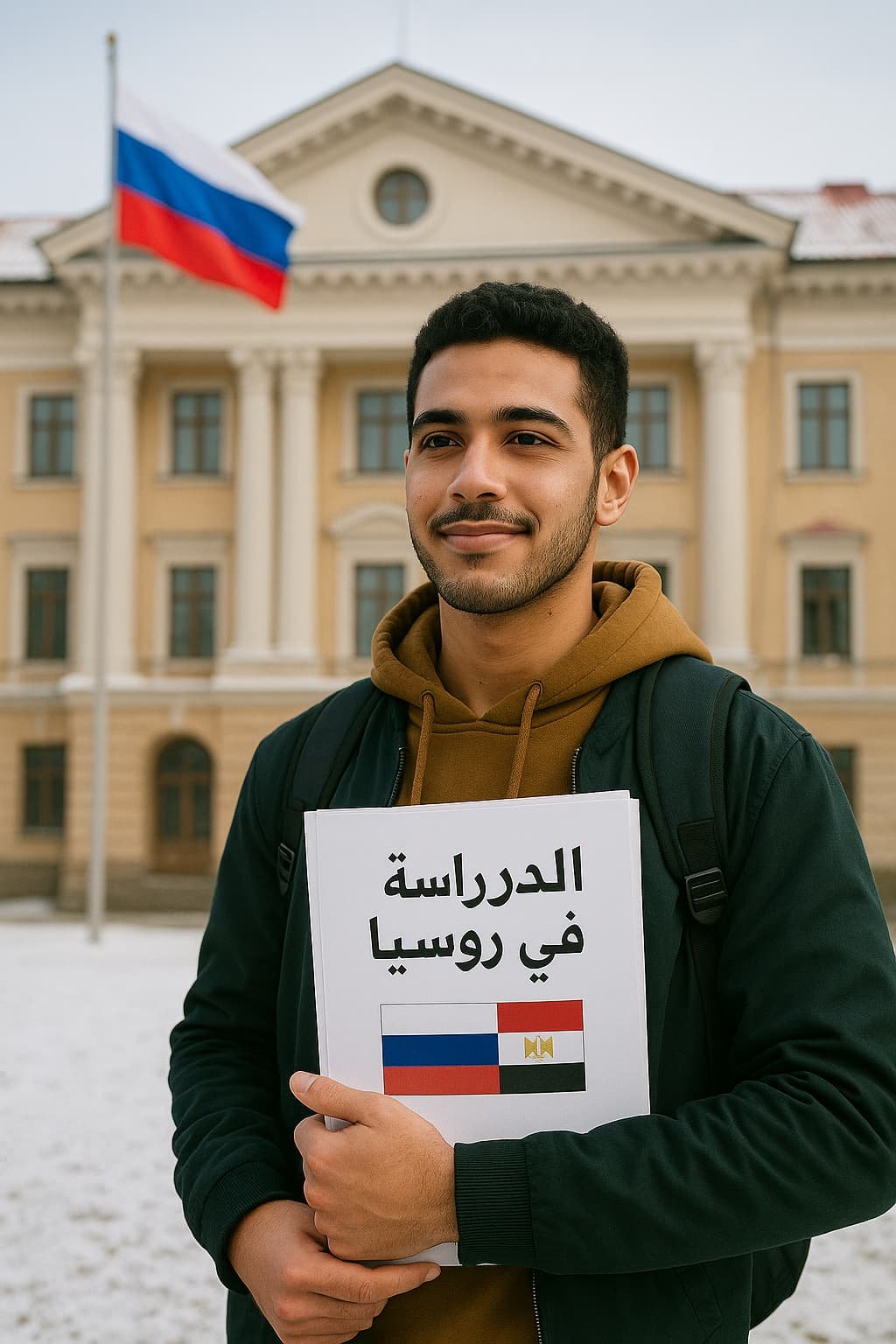 طالب مصري يقف أمام جامعة روسية تقليدية، يحمل حقيبة وملف تقديم – تعبير بصري عن شروط الدراسة في روسيا للمصريين.