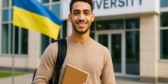 طالب عربي يقف أمام جامعة أوكرانية حديثة – يرمز إلى شروط الدراسة في أوكرانيا