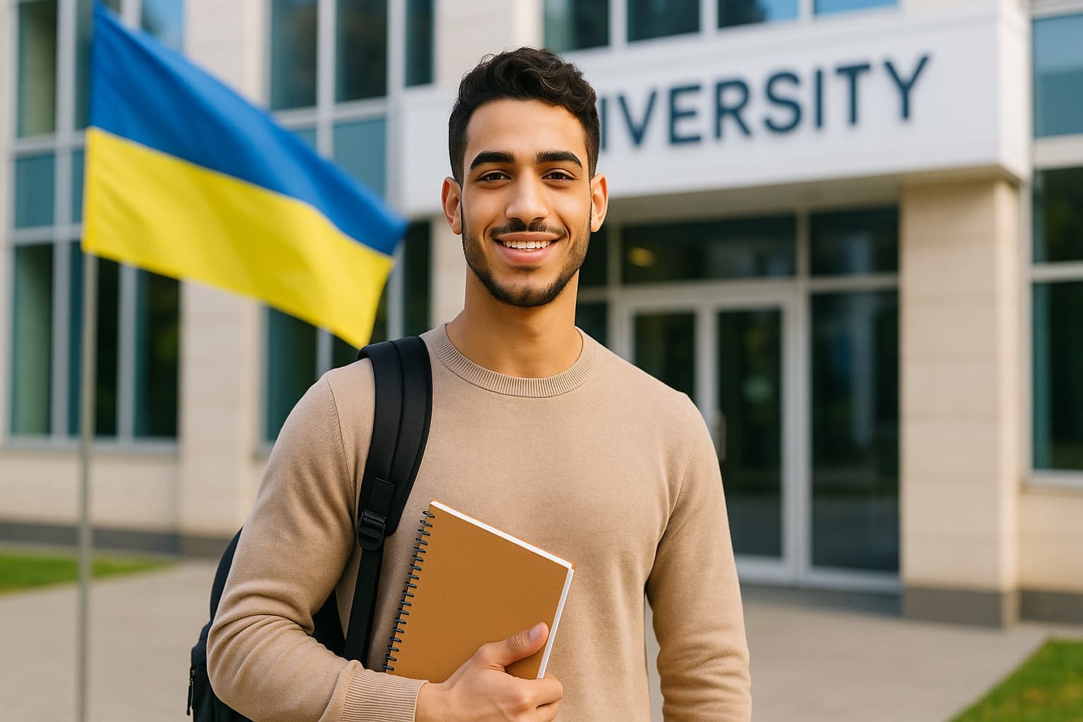 طالب عربي يقف أمام جامعة أوكرانية حديثة – يرمز إلى شروط الدراسة في أوكرانيا