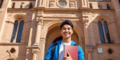 طالب عربي يحمل حقيبة ظهر واقفًا أمام جامعة في إسبانيا في مشهد مشمس يرمز إلى شروط الدراسة في إسبانيا