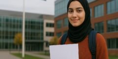 طالبة عربية تقف أمام جامعة سويدية حديثة، تحمل أوراق التقديم لشروط الدراسة في السويد.