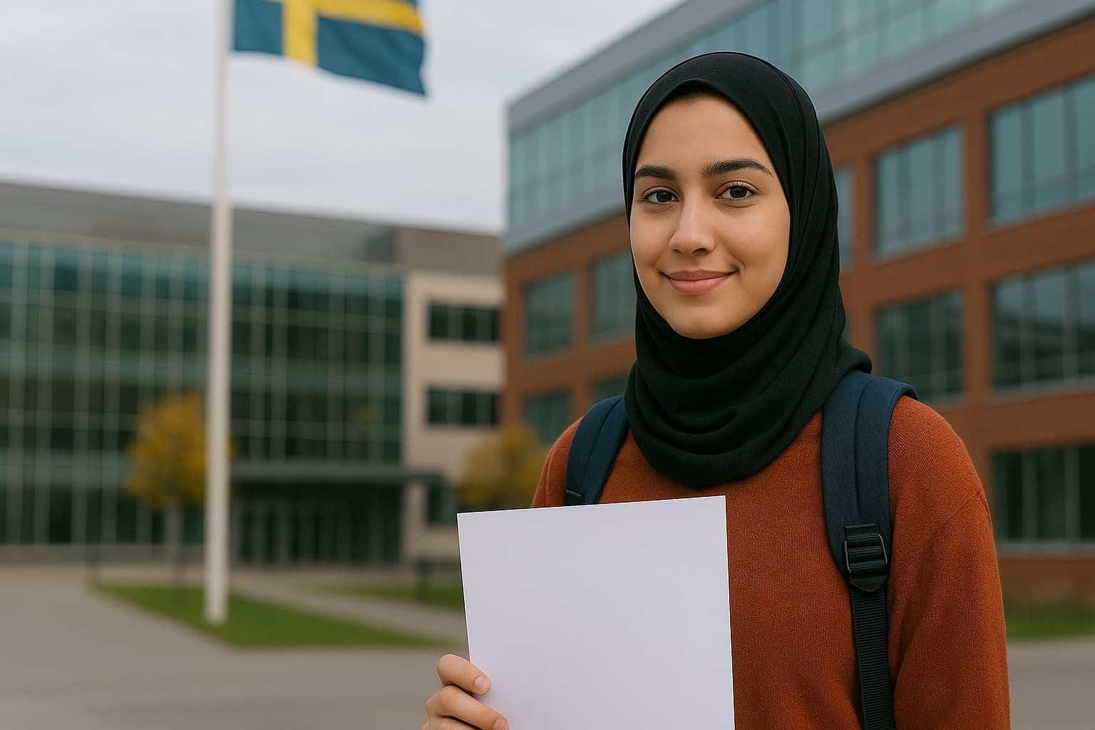 طالبة عربية تقف أمام جامعة سويدية حديثة، تحمل أوراق التقديم لشروط الدراسة في السويد.