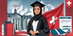 طالبة عربية ترتدي زي التخرج تقف أمام جامعة سويسرية، مع عناصر مرئية توضح شروط الدراسة في سويسرا مثل الشهادة، الفيزا، ومتطلبات اللغة، مكتوبة باللغة العربية.