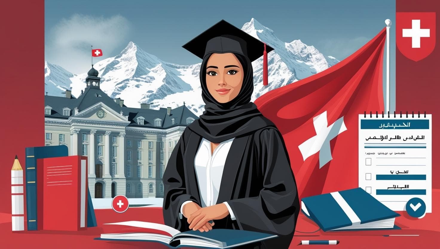 طالبة عربية ترتدي زي التخرج تقف أمام جامعة سويسرية، مع عناصر مرئية توضح شروط الدراسة في سويسرا مثل الشهادة، الفيزا، ومتطلبات اللغة، مكتوبة باللغة العربية.