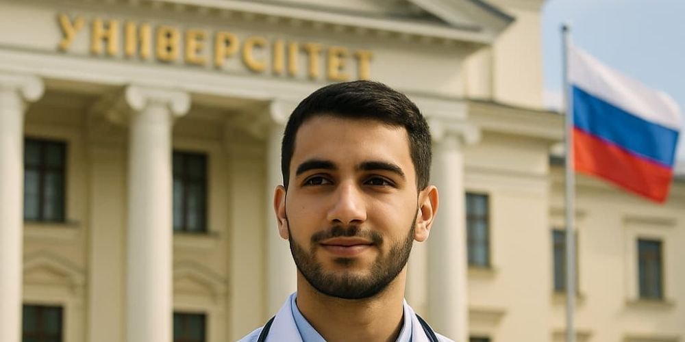طالب دولي يقف أمام جامعة روسية مشهورة لدراسة الطب – يرمز إلى شروط دراسة الطب في روسيا