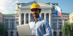 طالب هندسة يقف أمام جامعة في روسيا مع العلم الروسي – يرمز لدراسة الهندسة في روسيا للطلاب الدوليين