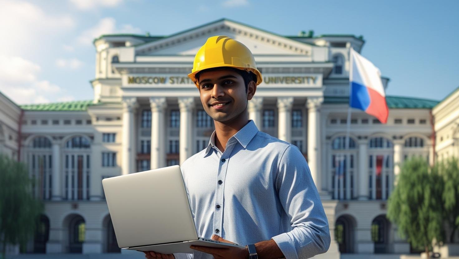 طالب هندسة يقف أمام جامعة في روسيا مع العلم الروسي – يرمز لدراسة الهندسة في روسيا للطلاب الدوليين