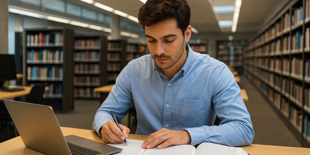 طالب دولي يدرس في مكتبة حديثة بإحدى جامعات فرنسا الحكومية، مع كتب وأجهزة كمبيوتر حوله، ويظهر التركيز على الدراسة الأكاديمية في بيئة مجهزة.