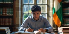 طالب دولي يدرس في جامعة في أيرلندا مع كتب وأجهزة لابتوب في مكتبة حديثة