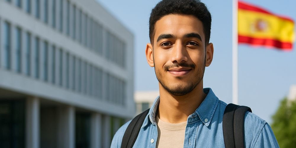 طالب مغربي يحمل حقيبته الدراسية أمام إحدى الجامعات الإسبانية مع علم إسبانيا في الخلفية – يوضح فكرة شروط الدراسة في إسبانيا للمغاربة