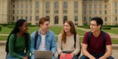 أربعة طلاب متنوعين يبتسمون معًا في حرم جامعي بالمجر.