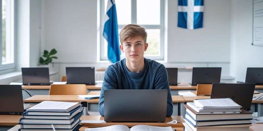 طالب يجلس أمام كمبيوتر محمول في مكتبة جامعية فنلندية، محاط بكتب وأجواء تعليمية حديثة.