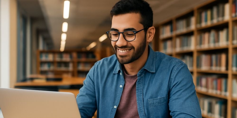 طالب شاب يبتسم يمثل فكرة الدراسة في الخارج.