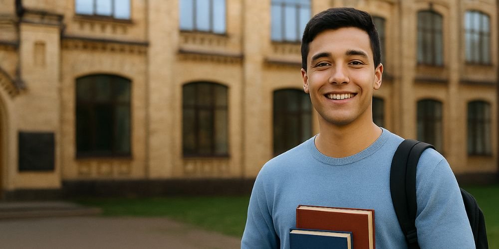 طالب يحمل كتبًا ويقف أمام مبنى جامعي في بلجيكا، يمثل تجربة الدراسة في الجامعات البلجيكية للطلاب الدوليين، مع التركيز على شروط القبول.
