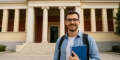 طالب جامعي أمام جامعة في اليونان يعبر عن الدراسة وشروط القبول في الجامعات اليونانية