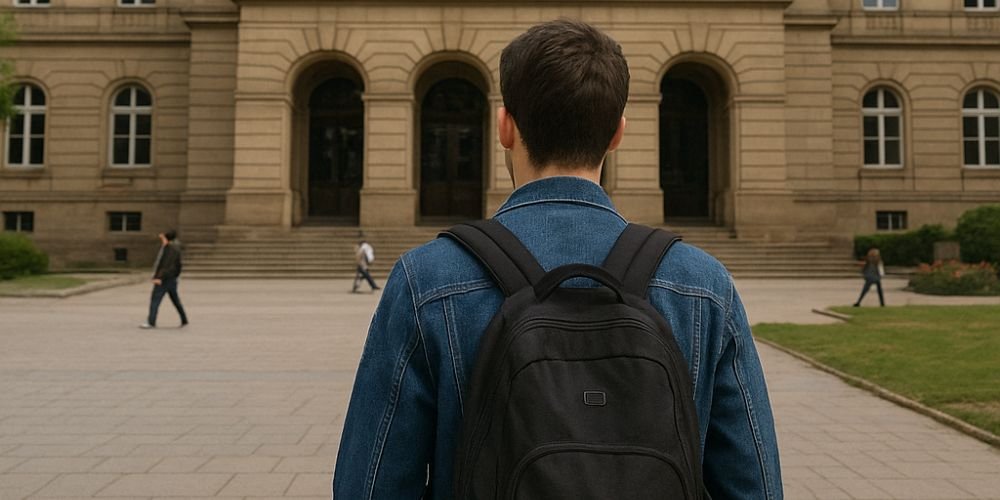 طالب يقف أمام جامعة ستراسبورغ في فرنسا للدراسة