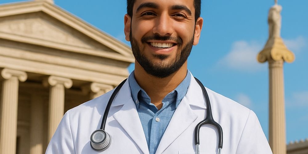 طالب جامعي يدرس الطب في اليونان أمام مبنى جامعي يوناني.