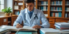 طالب دولي يدرس الطب على مكتبه في بلغاريا، محاط بالكتب والأدوات الدراسية، صورة واقعية للطلاب الدوليين.