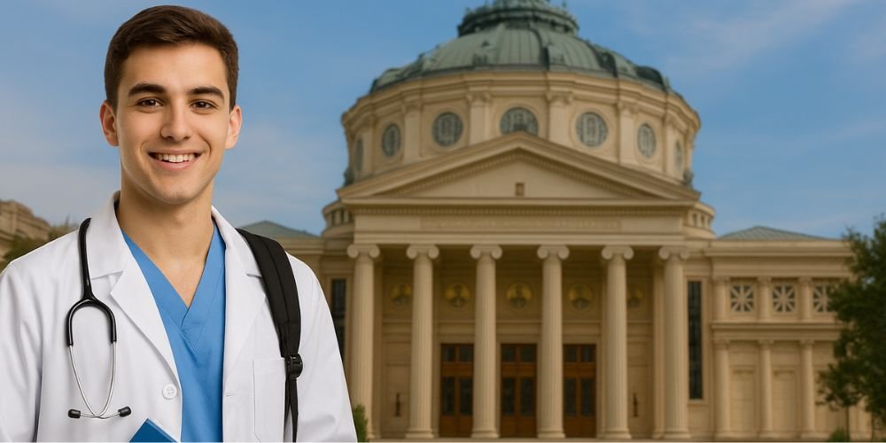طالب طب يدرس في رومانيا داخل جامعة حديثة.