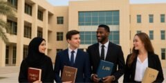 طلاب يدرسون القانون في جامعة الإمارات مع مبنى الجامعة في الخلفية.
