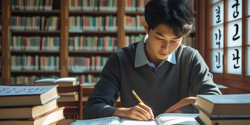 طالب يدرس اللغة الكورية في كوريا الجنوبية داخل مكتبة الجامعة