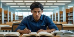 طالب جامعي يدرس في مكتبة أو فصل دراسي بجامعة الملك عبدالعزيز، يعكس شروط دراسة بكالوريوس ثاني وفرص التعليم المتاحة للطلاب.