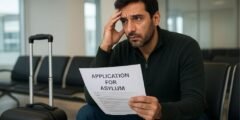 شخص يجلس في قاعة انتظار يحمل أوراق طلب لجوء في كندا، معبرًا عن الخوف من الرفض.