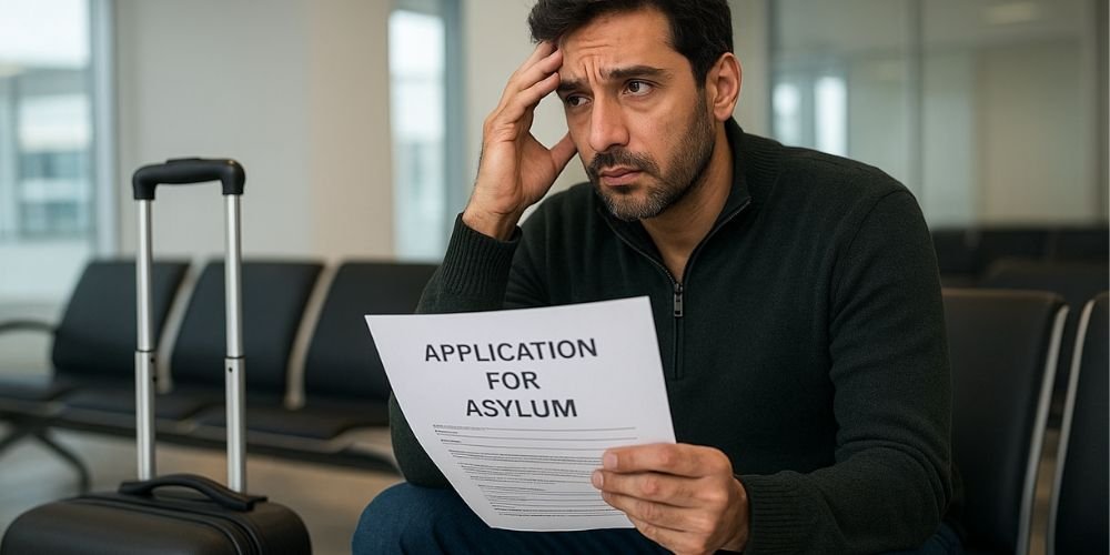 شخص يجلس في قاعة انتظار يحمل أوراق طلب لجوء في كندا، معبرًا عن الخوف من الرفض.