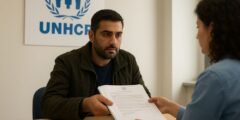 شخص يقدم مستندات لطلب لجوء أمام مكتب المفوضية السامية للأمم المتحدة لشؤون اللاجئين، دليل شامل لإجراءات اللجوء والحماية الدولية