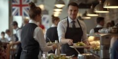 راتب عامل المطعم في بريطانيا – موظفون يعملون كنادل وطباخ وموظف استقبال في مطعم حديث
