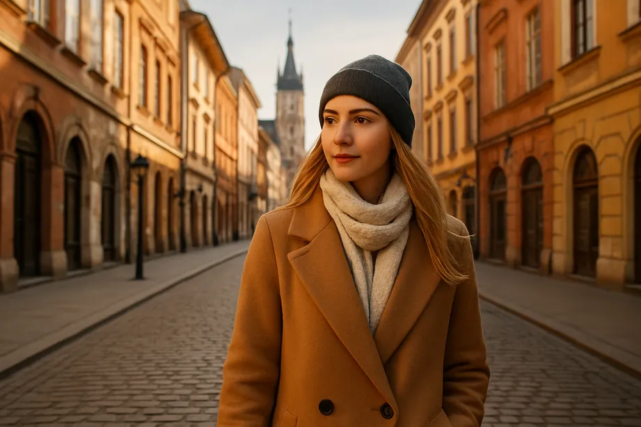 معلومات عن نساء بولندا - امرأة بولندية شابة تمشي في شارع قديم بمدينة وارسو مع مبانٍ أوروبية دافئة في الخلفية.