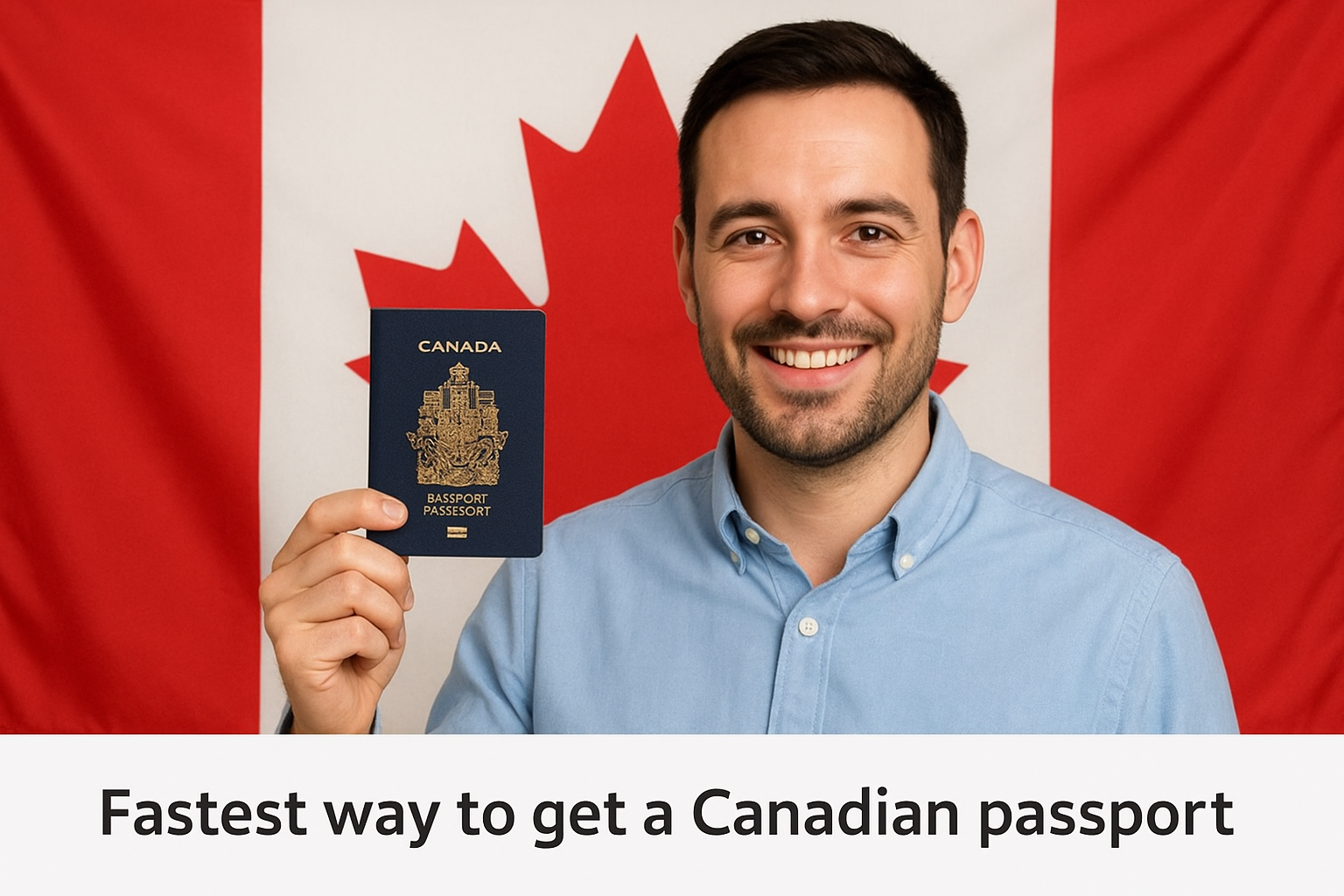 "رجل يحمل جواز كندي أمام خلفية علم كندا، يوضح خطوات الحصول على الجواز الكندي بأسرع طريقة قانونية."