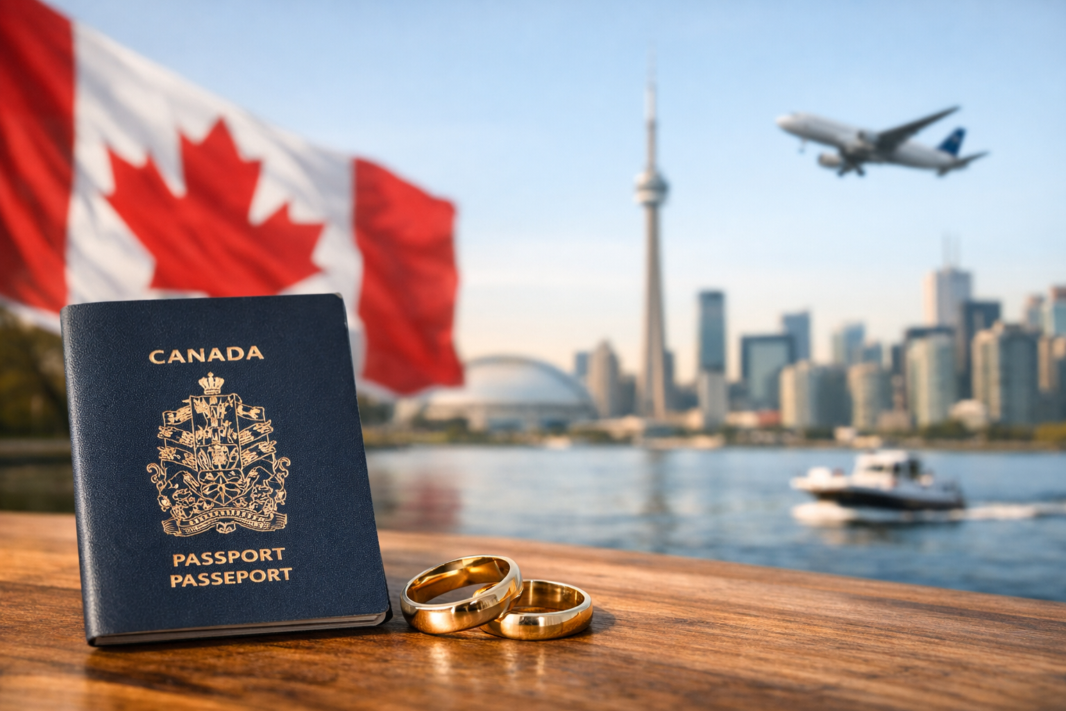 زوجان مع جواز كندي وخواتم زواج أمام خلفية علم كندا وأفق مدينة تورنتو، يوضحان خطوات الحصول على الجواز الكندي عن طريق الزواج.