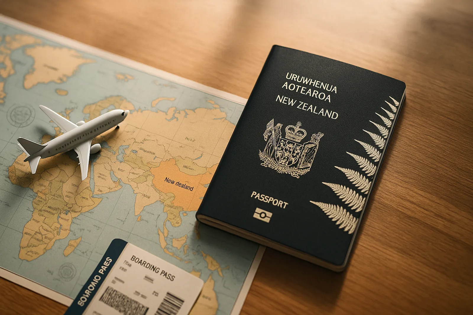 صورة لاندسكيب لجواز سفر نيوزيلندي على مكتب خشبي بجانب خريطة نيوزيلندا وعناصر سفر، تُستخدم لتوضيح عملية التقديم على فيزا نيوزيلندا 2025.