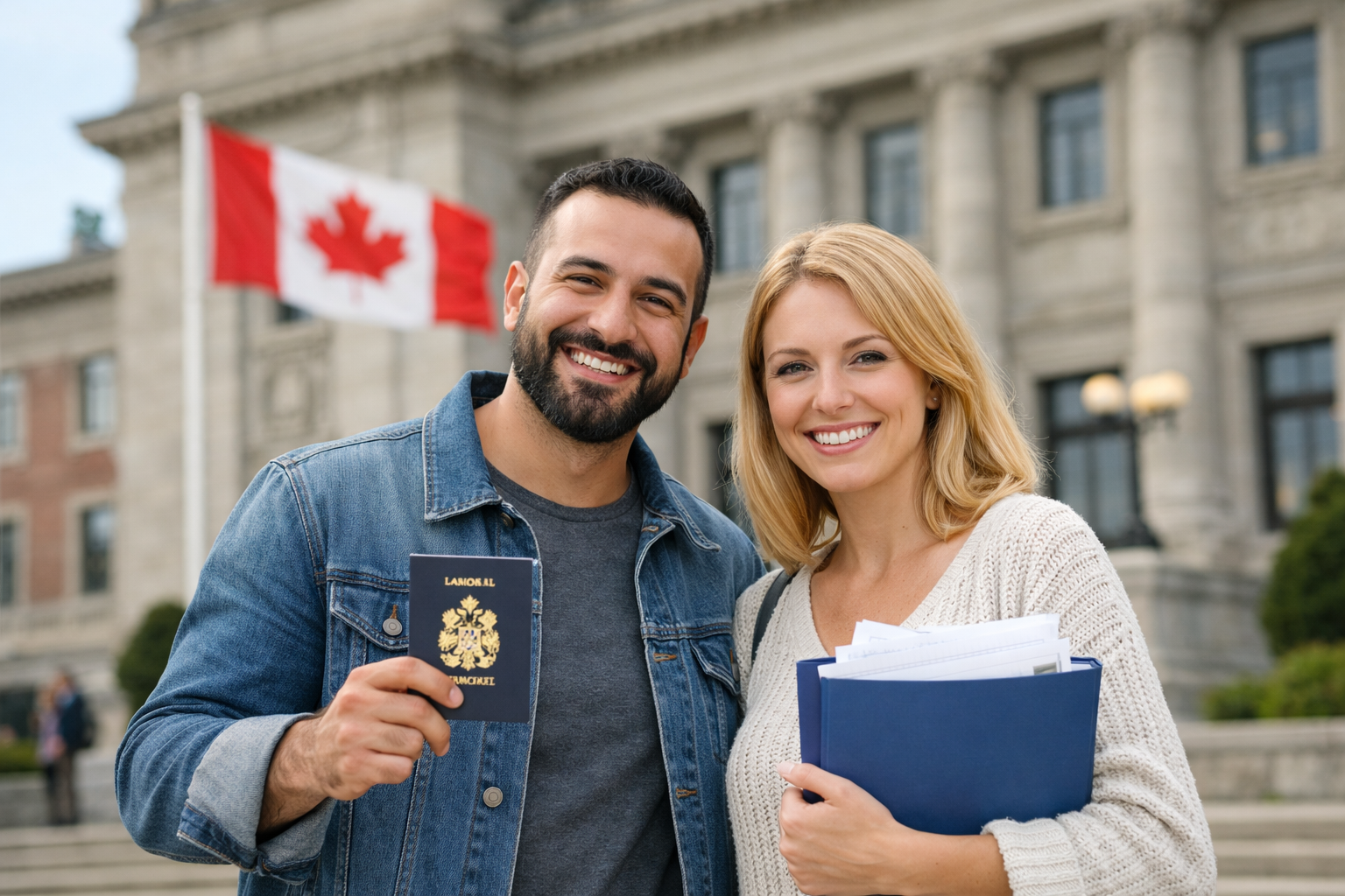 مزوجان مبتسمان أمام مبنى حكومي كندي يحملان جواز سفر ومستندات رسمية، يمثلان مميزات الزواج من كندية.