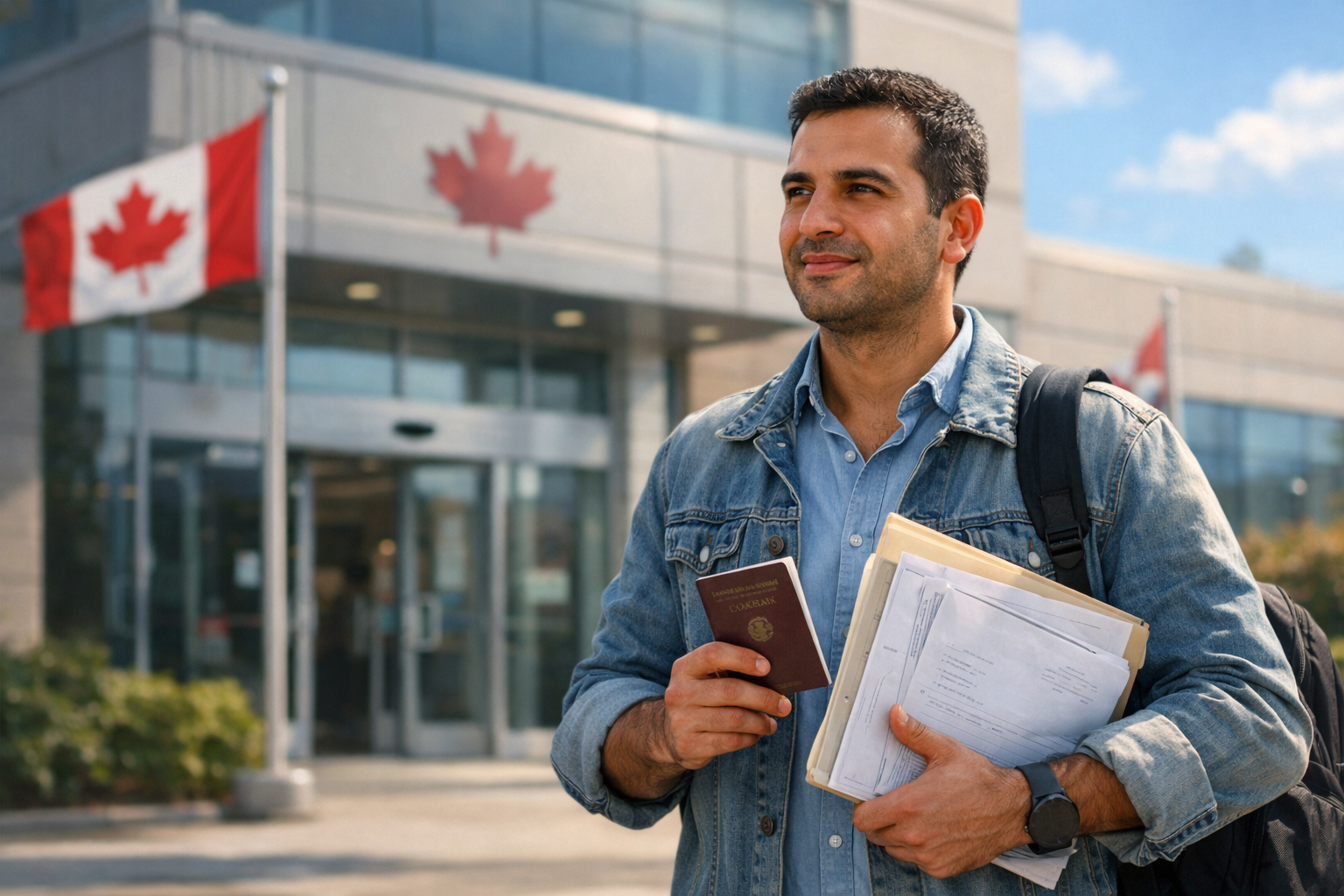 نسبة قبول فيزا كندا للأردنيين – مقدم طلب أردني يقف أمام مكتب الهجرة الكندي يحمل الوثائق الرسمية والجواز.